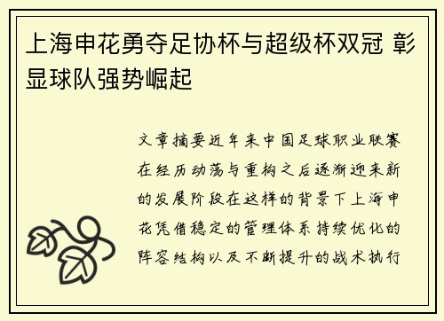 上海申花勇夺足协杯与超级杯双冠 彰显球队强势崛起