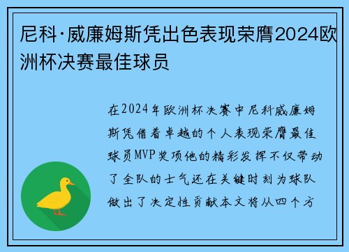 尼科·威廉姆斯凭出色表现荣膺2024欧洲杯决赛最佳球员